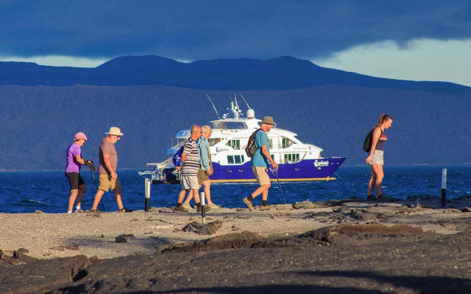 A group of people enjoying an adventure cruise on a beach with a boat in the background.