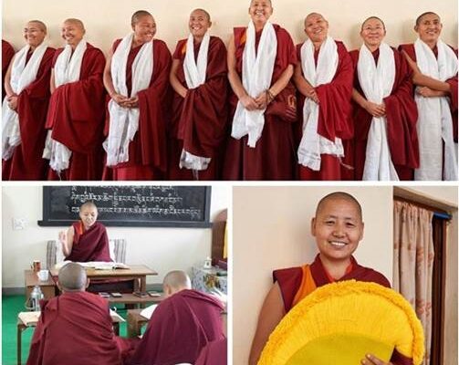 A collage of pictures of monks in robes.
