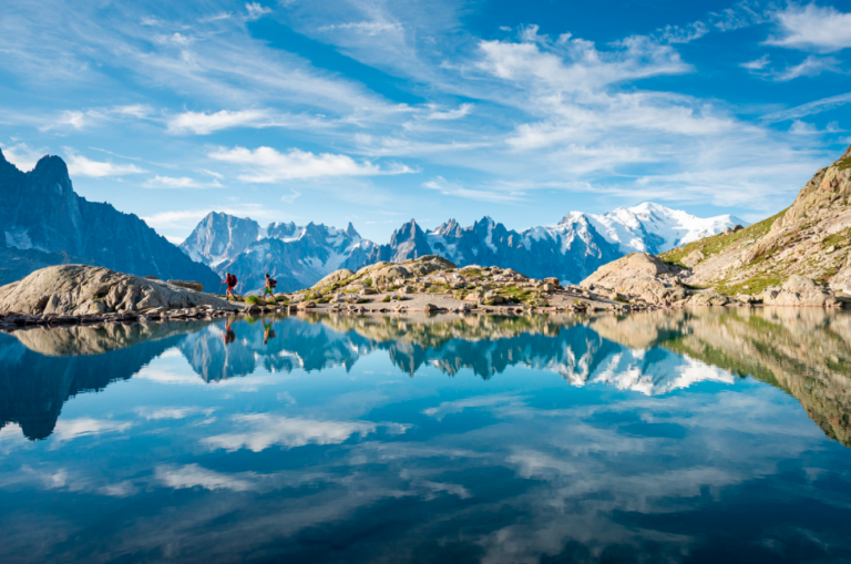 Scenic hike in the Tour du Mont Blanc with mountain scenery all around us