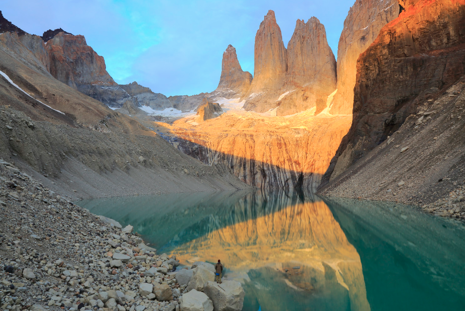 Traveler stopping to gaze upon the magnificence of Mount Fitz Roy in Patagonia