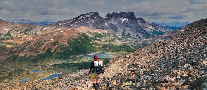 solo traveler on a hiking trail in Navarino in Chile's Isla Navarino in Tierra del Fuego