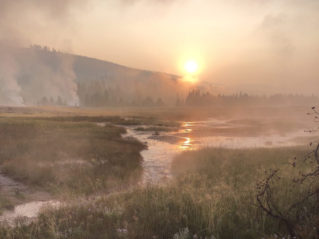 Sun rising in Yellowstone National Park