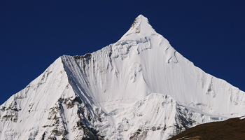 View of Chomolhari, a mountain in the Himalayas located between the border of Bhutan, China, and Tibet