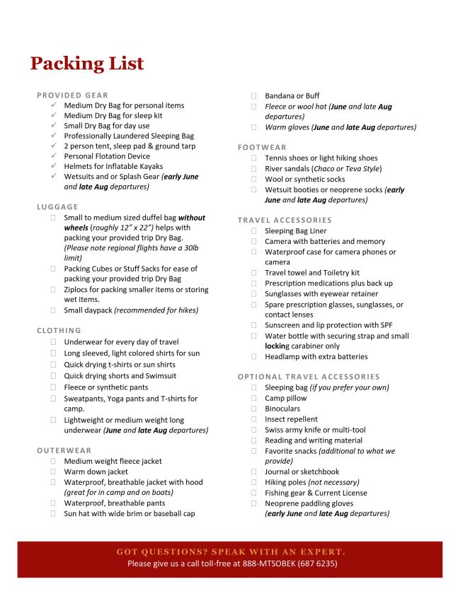 mt sobek branded packing list for a middle fork of the salmon river rafting trip
