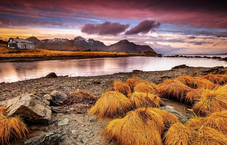 nighttime after the sun sets in Lofoten Islands in Norway, Europe