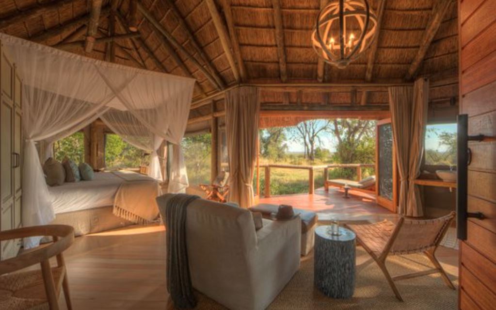 Bedroom view of a luxury jungle safari lodge in Camp Moremi in Botswana