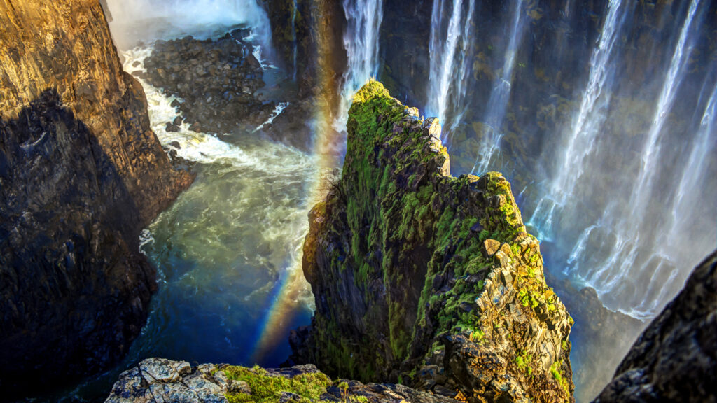Aerial shot of Victoria Falls Waterfall located on the Zambezi River in Southern Africa