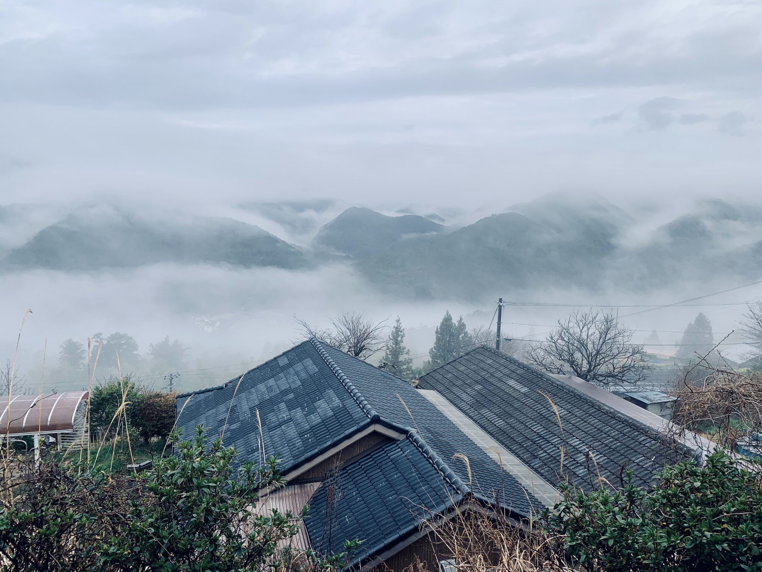 Japanese houses in the mist with mountains in the background.