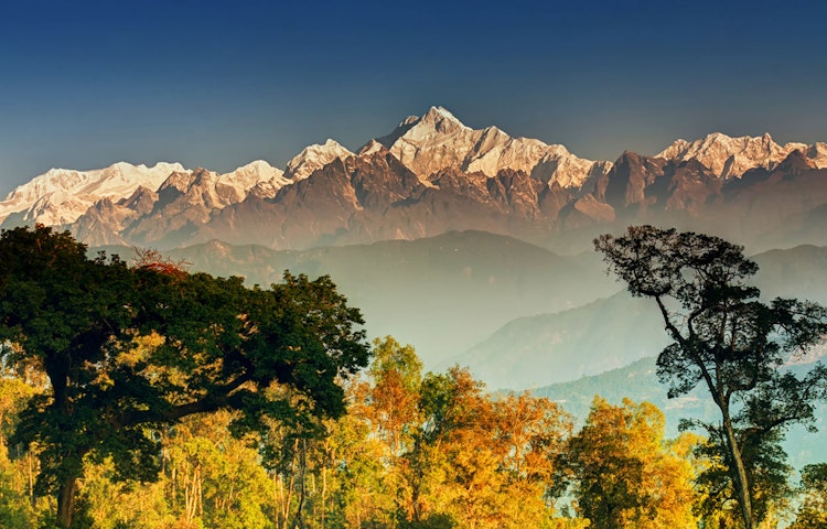 Tourists trekking the great Sikkim Kanchenjunga Ridge in India, Asia