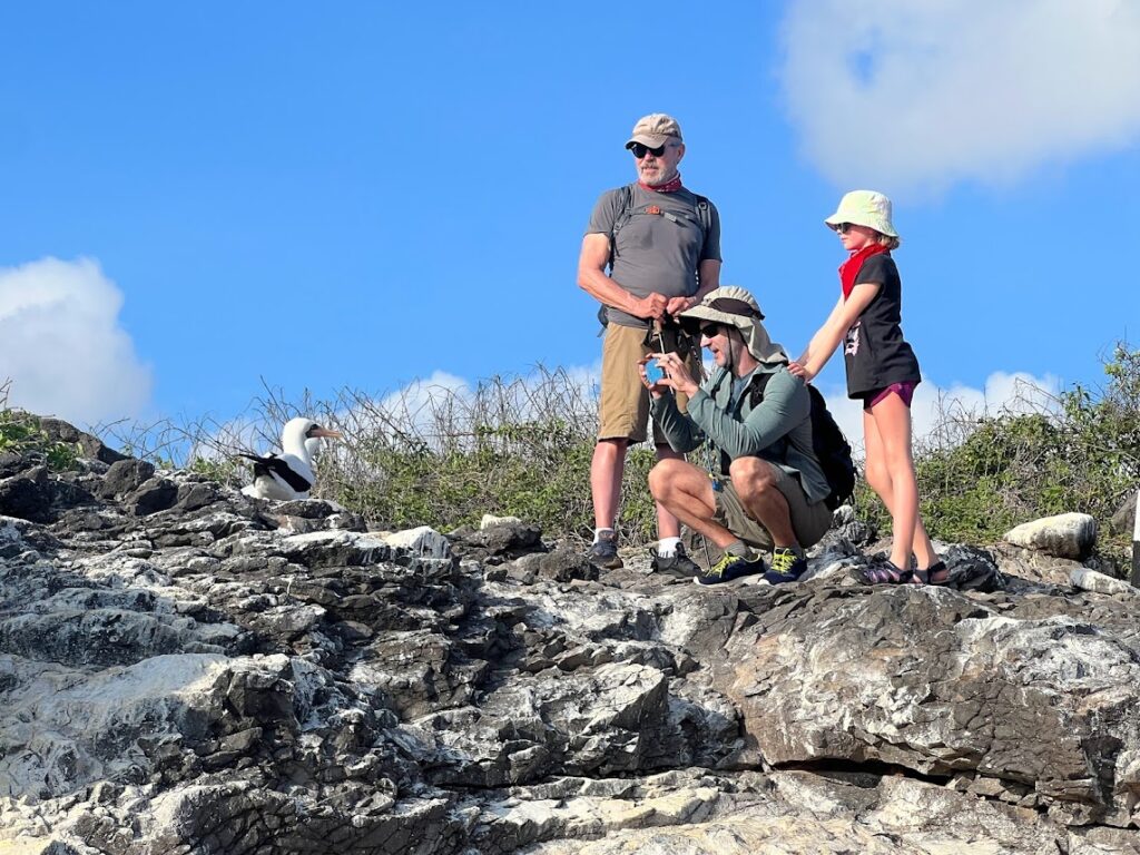 Family discovering Galapagos wildlife such as the frigatebird in Galapagos Islands