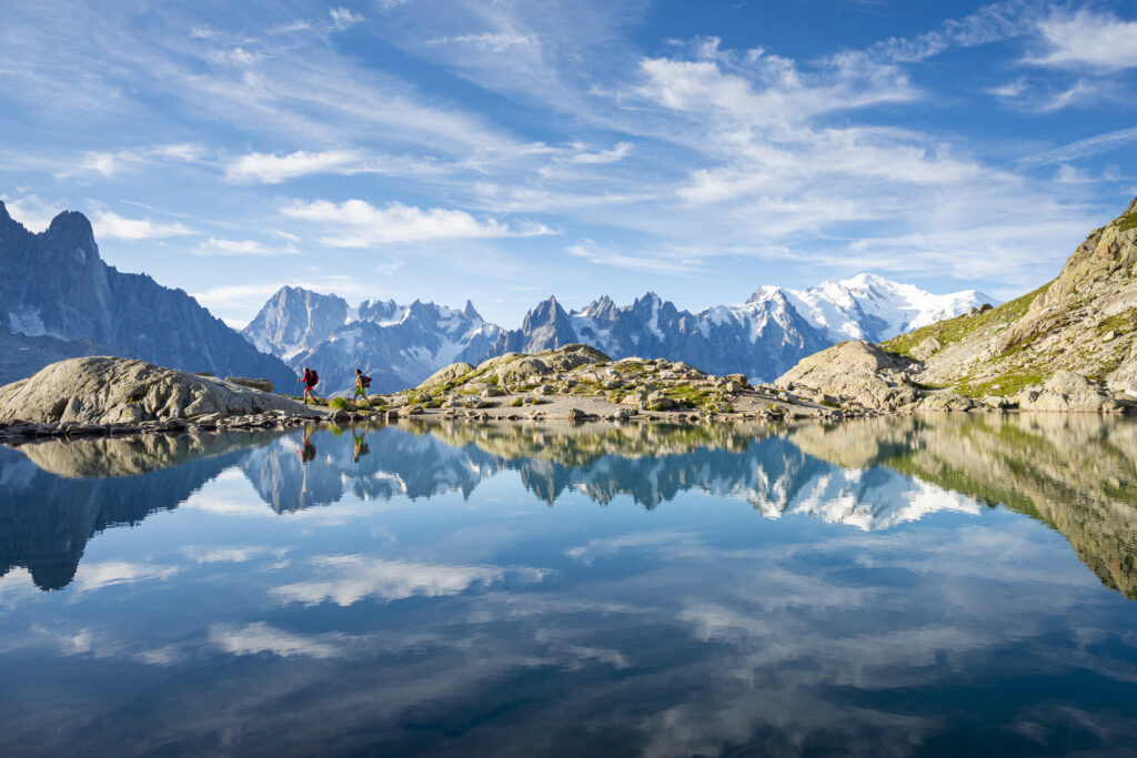 A lake with mountains reflected in it at Alps region in Europe