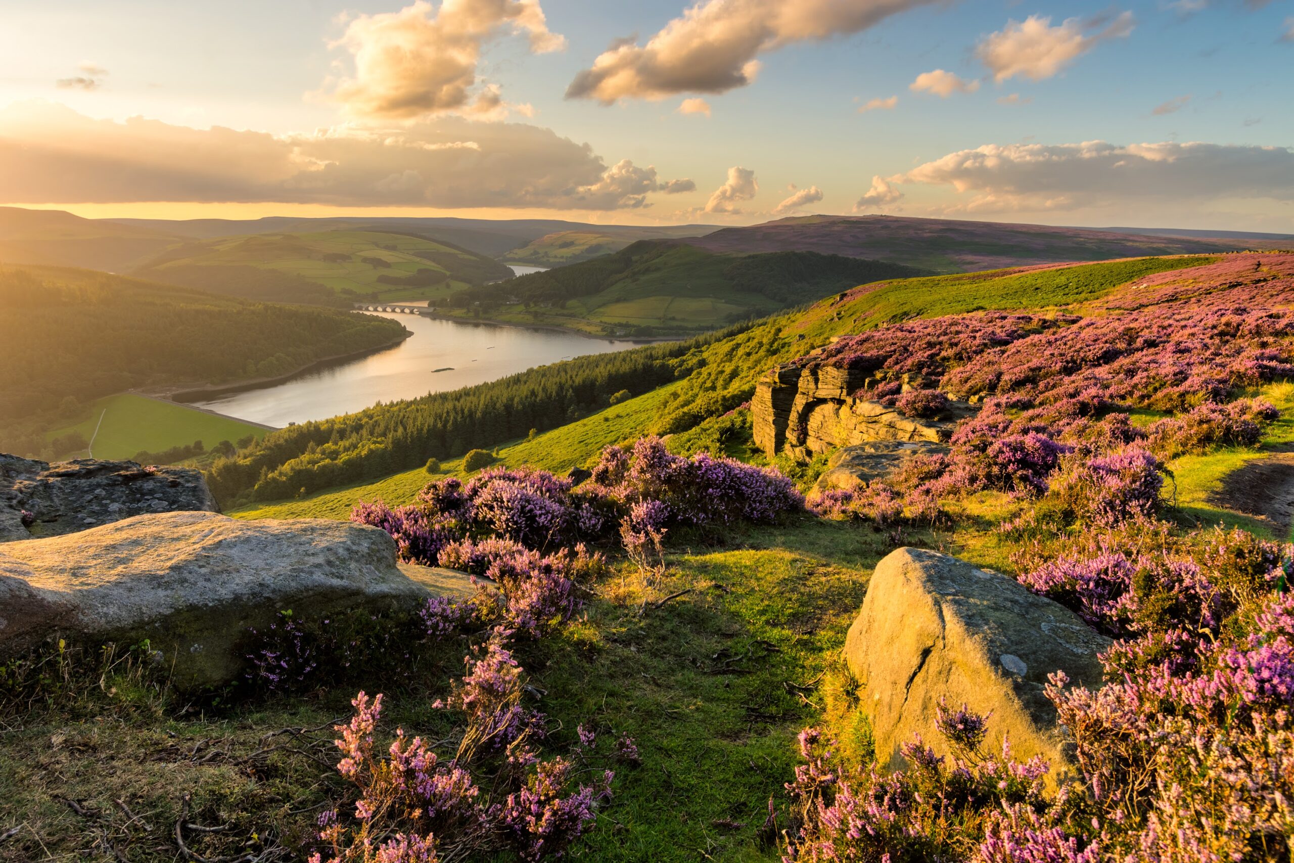 Beautiful evening light on a summer evening at Bamford Edge in the Peak District National Park.
