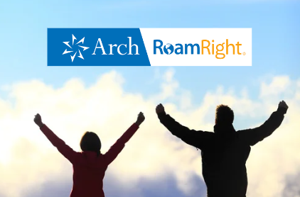 Two people with raised arms stand against a cloudy sky backdrop, the Arch RoamRight logo above them, highlighting trusted travel resources for every journey.