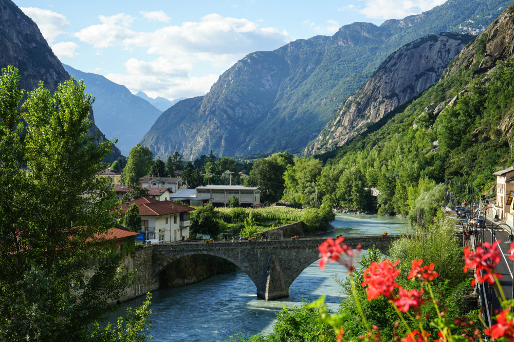 Go on a scenic walk in picturesque aosta town in the fall, situated at the end of the Mont Blanc Tunnel