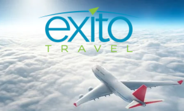 A white airplane with red wingtips flies above the clouds, with the text "exito travel" prominently displayed in the sky, symbolizing access to top travel resources.