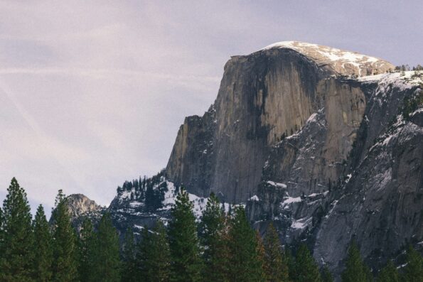 snow mountain tops in Yosemite Valley in California