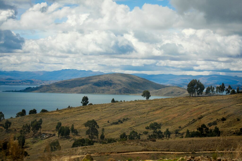 natural landscape with green trees in the daytime at Lake Liticaca in Peru, Latin America