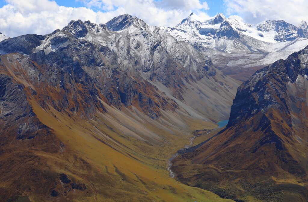 Scenic snow capped mountains and valleys in Chomolhari trek in Nepal