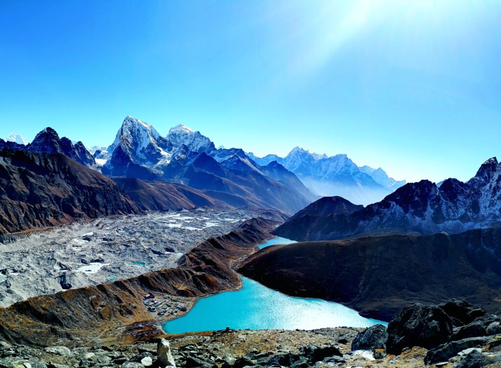 hiking the ancient passes trail with group of travelers in Nepal, Asia
