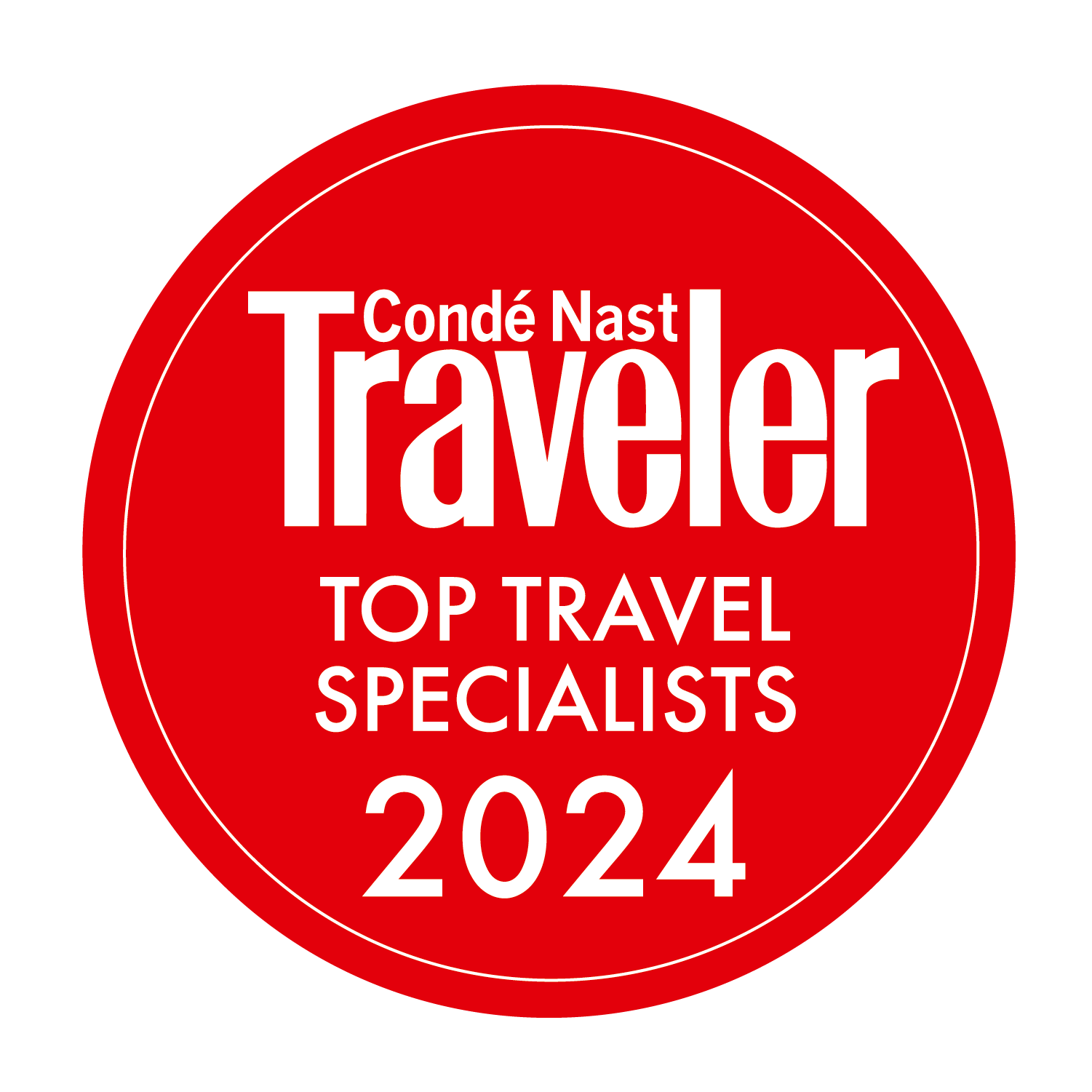 Red circular badge logo of Condé Nast Traveler for Top Travel Specialists Awards 2024, with white and red text on a green background.