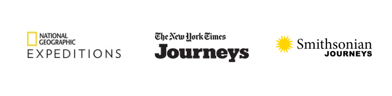 Logos for National Geographic Expeditions, The New York Times Journeys, and Smithsonian Journeys—ideal partners for corporate group retreats—are displayed side by side on a white background.