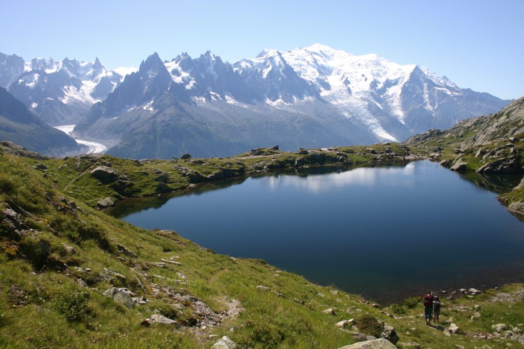 hiking scenic trails with group and guide in hiking circuit trail of Tour du Mont Blanc in the summer