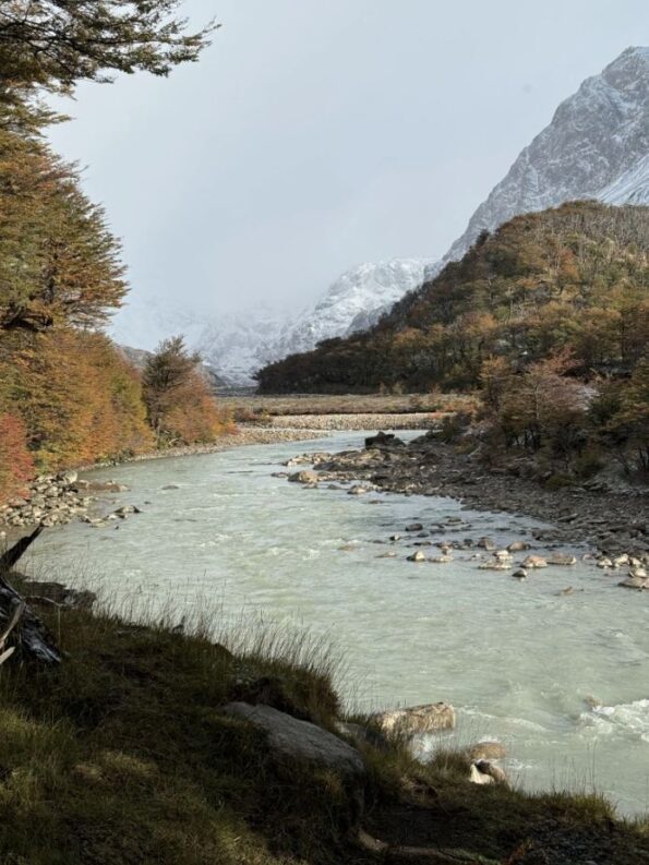 A river flows through a rocky valley with autumn-colored trees on the banks and snow-covered mountains in the background under an overcast sky.