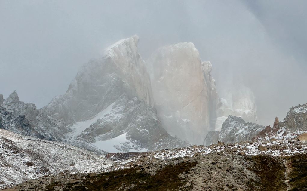 playing hide and seek with Mount Fitz Roy in the clouds in hiking trip to Argentina