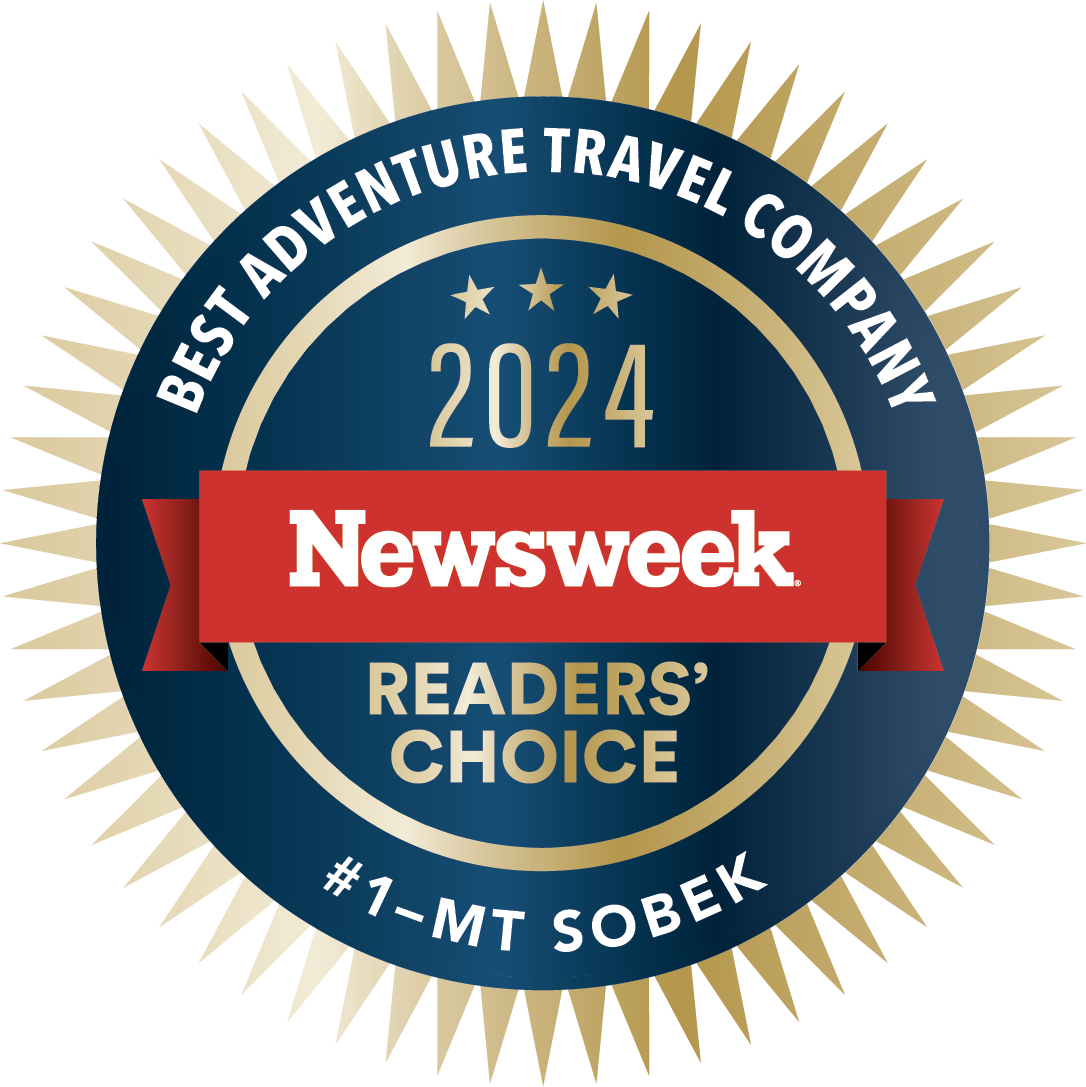 A circular blue and gold emblem with "Newsweek" in the center, recognizes "#1 - MT Sobek" as the "Best Adventure Travel Company" in the "2024 Readers' Choice" awards.