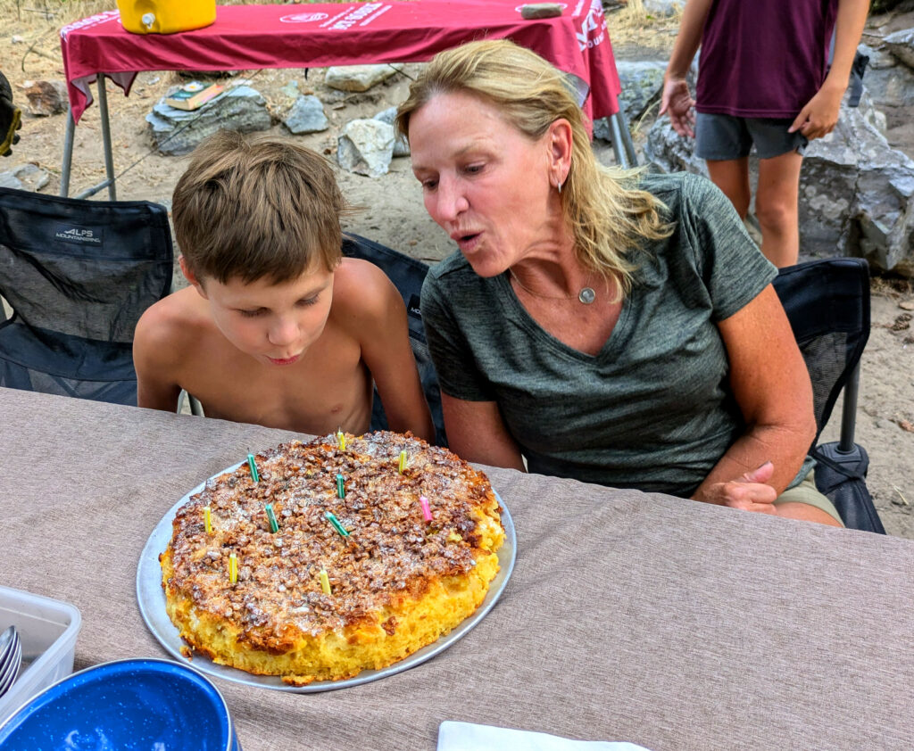 surprise birthday celebration with cinnamon cake for last day at Idaho Middle Fork