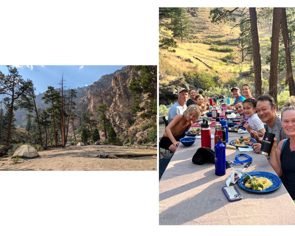 enjoying dinner at beautiful island in Idaho Middle Fork with guests 