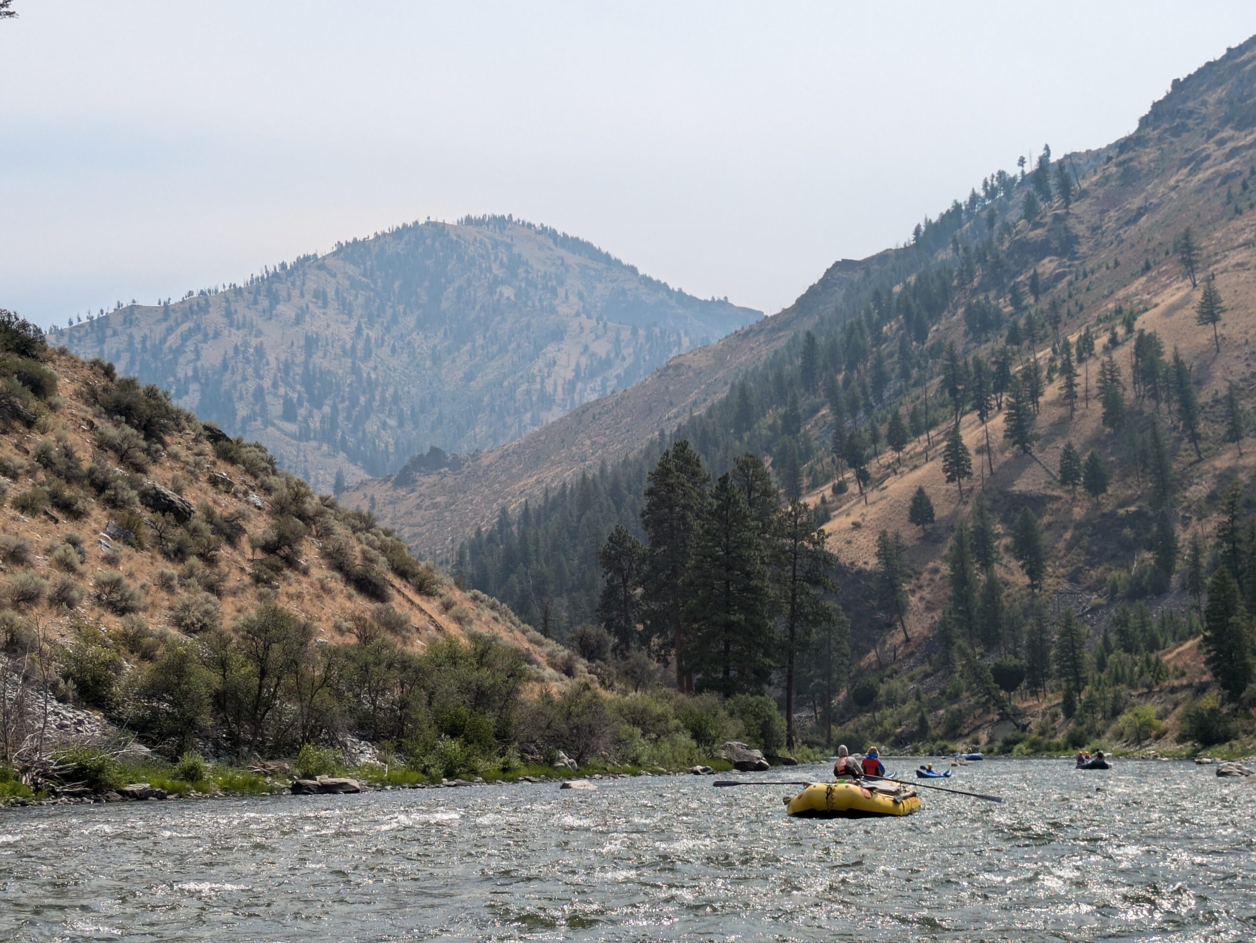 rafting on calmest stretch of river in low rapids in Idaho Middle Fork