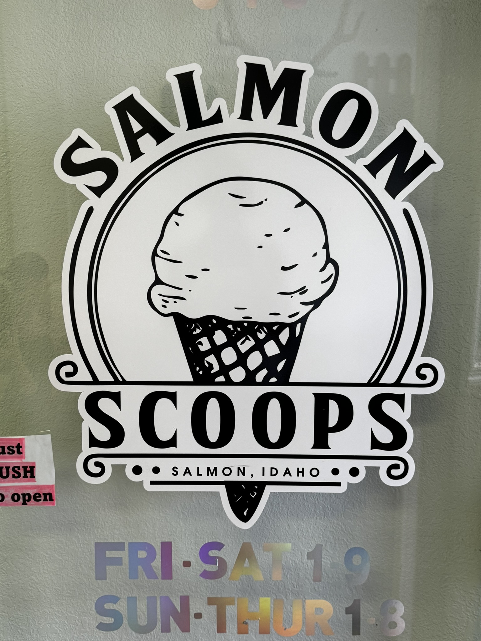 local ice cream parlor in Salmon, Idaho called Salmon Scoops - a local treat!