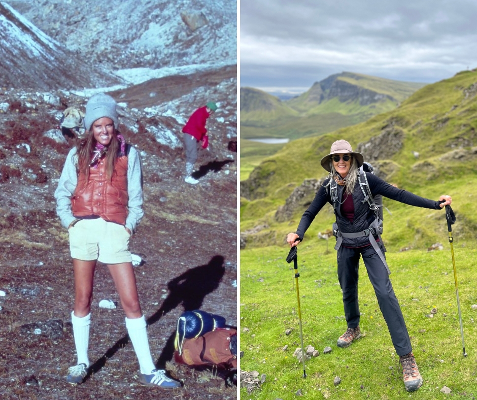 long-time intrepid traveler Laura in 1977 on her first trip to the Himalayas with MT Sobek and now in Scotland Western Isles