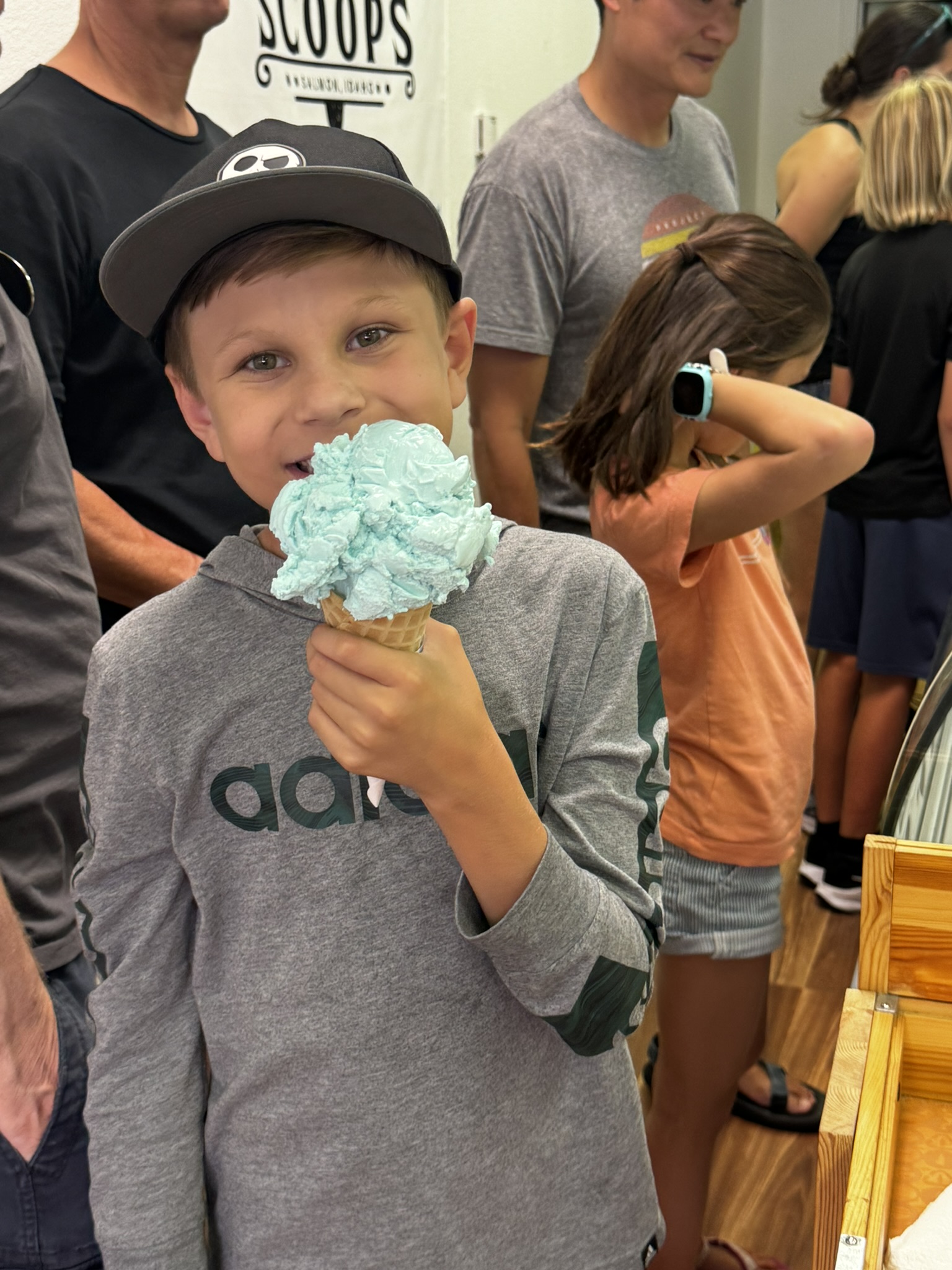 eating cotton candy ice cream from a local ice cream parlor, Salmon Scoops, in Salmon, Idaho