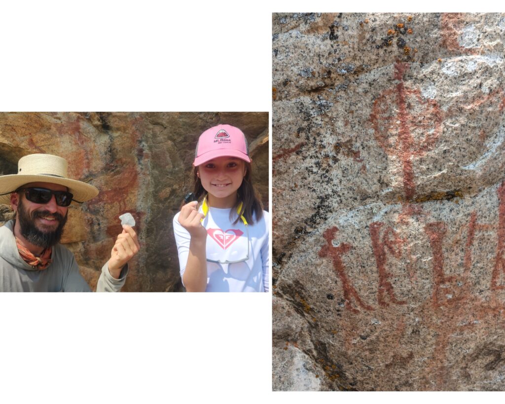 leading rafting guide Paul Britt shows kids pictographs and tools the Sheepeaters tribe used in the ancient days in Idaho