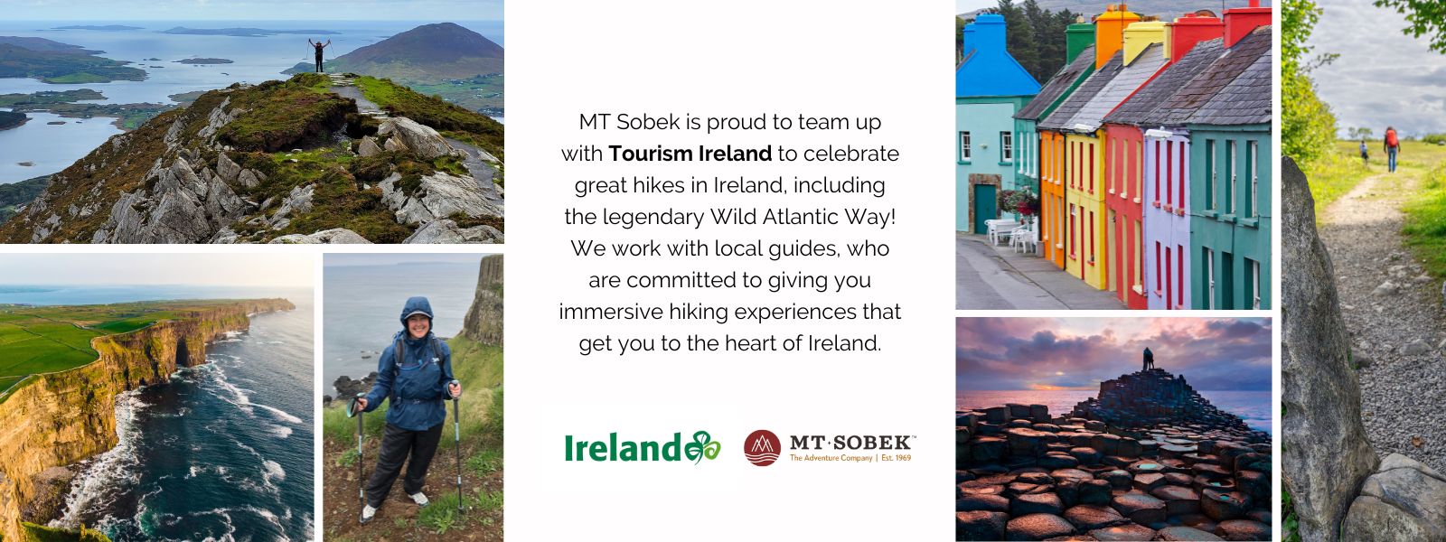 Collage of Ireland’s scenic landscapes—coastal cliffs, a hiker on a peak, colorful cottages, the Giant’s Causeway, and a rural path; text invites you to discover ireland adventure tours.