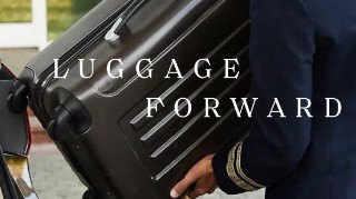 A person in a uniform lifts a large, hard-shell suitcase next to a car. Text over the image reads "LUGGAGE FORWARD," your trusted partner for travel resources and easy luggage solutions.