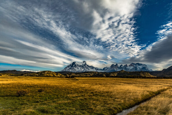 A wide grassy plain with scattered bushes leads to snow-capped mountains under a dramatic, cloud-filled sky.