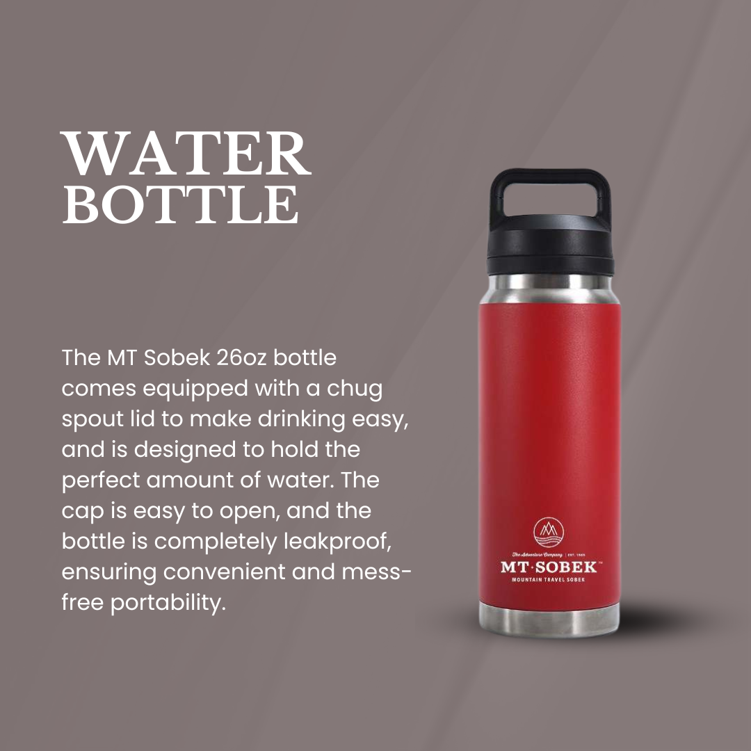 A red MT Sobek 26oz stainless steel water bottle with a black chug spout lid is displayed upright on a plain background, making it a practical and stylish choice for gifts.