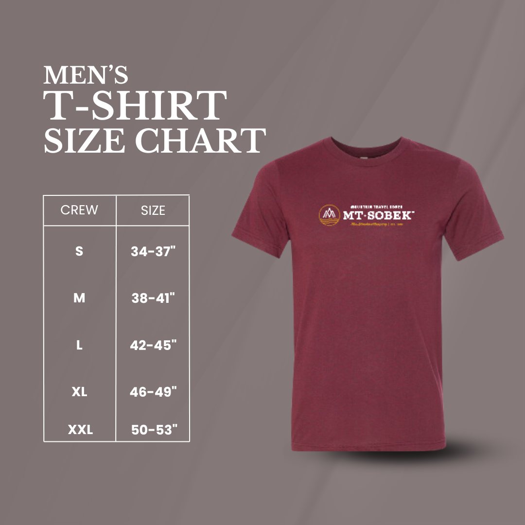 Men's T-shirt size chart with measurements for sizes S to XXL next to a maroon "Mt. Sobek" logo tee—perfect for finding gifts that fit just right.