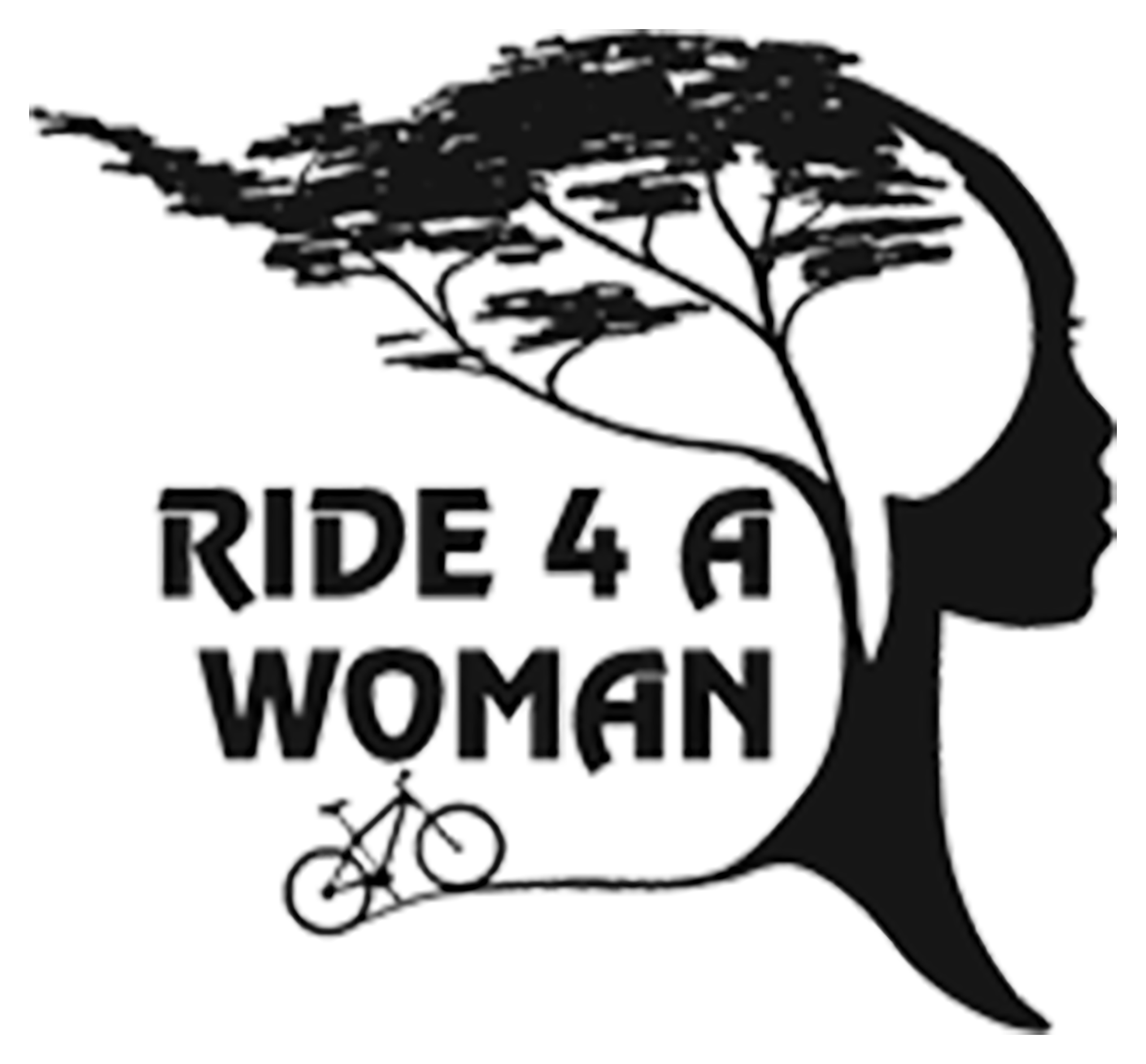 Logo featuring a woman's face merging with a tree, a bicycle, and the bold text "RIDE 4 A WOMAN," symbolizing empowerment and conservation.