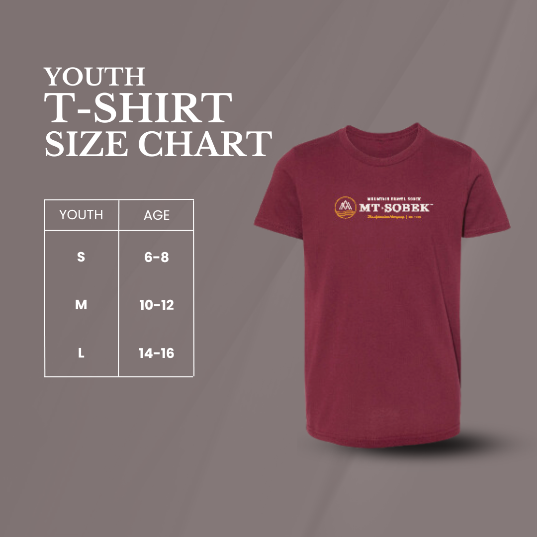 A maroon youth T-shirt with "MT. SOBEK" logo, perfect for gifts, shown next to a size chart featuring S (6-8), M (10-12), and L (14-16) for ages.