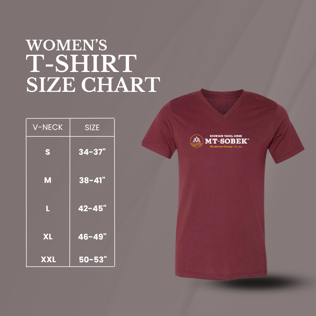 Maroon women’s V-neck T-shirt—ideal for gifts—displayed next to a size chart listing S to XXL with chest measurements from 34"–53".