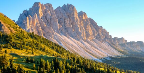Large, rugged mountain range with steep rocky faces rises above green meadows and scattered trees under a clear blue sky in bright sunlight—perfect scenery for the best Dolomites hiking tours.