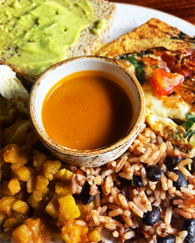 Gallo Pinto is often Costa Rica's national dish. Built around rice and beans and flavored with onions, peppers, herbs, spices and special sauce