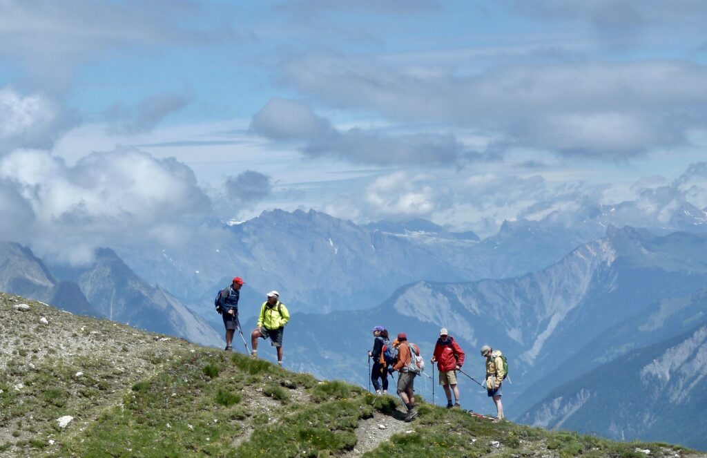 group of travelers on guided tour of Alps Mont Blanc in Europe