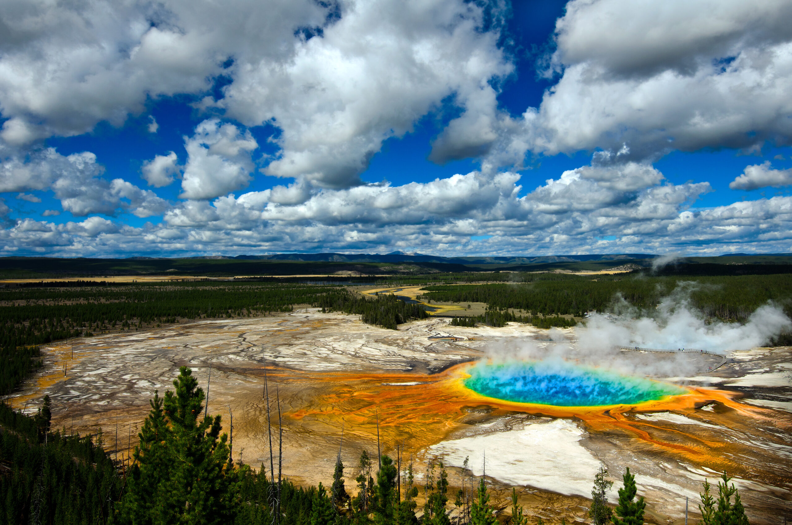 A vibrant hot spring with blue, green, yellow, and orange rings sits in a wide, rocky landscape under a partly cloudy sky. Pines surround the area in the distance at Yellowstone National Park.