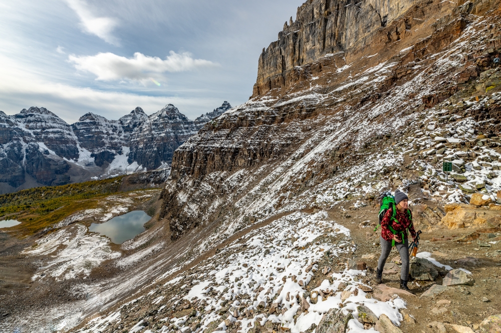 hiking Eiffel trail in Larch Valley in Canada Banff in wintertime