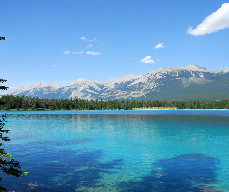 hiking in Lake Annette in the summertime in Canada Banff